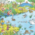 Leon wandert mit Familie zum See. Illustrationen zeigen Tiere: Frosch, Bisamratte, Reiher, Schwan, Stockente.