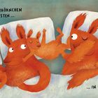 Text: "Das kleinste Eichhörnchen schläft am liebsten... ...in der Mitte." Illustration: Fünf schlafende rote Eichhörnchen auf Kissen.