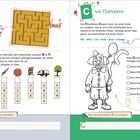 B: Zeige Biber Joschi den Weg durchs Labyrinth. C: Das Chamäleon Caspar sucht die schönste Farbe. Male Clown Clemens aus.