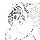 „Flecki braucht einen neuen Haarschnitt. Magst du seine wilde Mähne einschneiden?“ Illustration eines Pferdes.