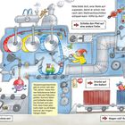 Es gibt mehrere Texte: „Schalte die Maschine ein!“, „Drücke auf den Ballon!“, „Wagen voll? Rufe: ‚Bitte losfahren!‘“. Illustration einer Geschenkverpackungsmaschine mit spielenden Kindern und Elfen.