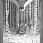 Am unteren Rand befinden sich stilisierte Schneeflocken. Ein verängstigtes Kind im Wald, über ihm ein großer Wolfskopf.