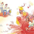 Illustration: Links ein Kind schreit und weint, rechts lebhafte Figuren in gelben und roten Farben. Text: "Mile tobt...Gefühl bleibt."