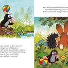 Zwei Szenen: Links spielt der Maulwurf mit Freunden am Wasser. Rechts schauen Tiere auf einen Frosch im Fernseher.