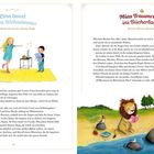 **Lina tanzt durchs Wohnzimmer**: Lina tanzt, während ein Junge zuschaut. **Mias Traumreise ins Bücherland**: Mia mit einem Löwen.