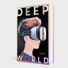 Text: "DEEP WORLD", "ANJA REUMSCHÜSSEL". Illustration eines Menschen mit VR-Brille.