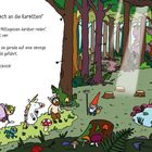 Text: "So denkt doch an die Karotten!" Illustration: Waldlichtung mit Feen, Einhorn und Gartenzwerg, ideal für ein Picknick.
