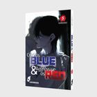 Text: "Cold as BLUE & Aggressive as RED", "HAYABUSA", "5 tomomi".  
Illustration: Zwei Personen in enger Umarmung.