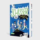 Buchcover: "Schisser und ich: Donner-Wetter". Kinderfigurengruppe in Bewegung, Hund unten. Blaues Hintergrund.