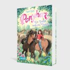Buchtitel: "Ponyherz - Ein Fohlen sucht eine Familie". Illustrationen zeigen ein Mädchen neben Ponys in einer Blumenwiese.