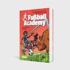 "Fußball Academy: Ein wahres Wunder". Fröhliche Kinder spielen Fußball neben einem Nashorn. Comic-Stil.