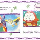 Krokel greift mit Glut an. Voltrel mit Aufruhr. Kap weicht der Attacke aus. Pikachu ist neben einem erstaunten Krokel abgebildet.