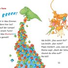 Text: "Der Dino-Turm. RRRRR! Leo rennt in Idas Zimmer." Ein animierter Dinosaurier auf einem bunten Würfelturm, darüber schwebt Barbie an einer Lampe.