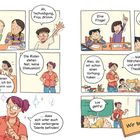 Comic über ein Klassendiskussionsthema. Schüler reden über Rollen. Eine Lehrerin verteilt Rollen und motiviert die Schüler.