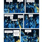 Comic mit blauer und gelber Farbpalette. Menschen in Mänteln und Hüten unterhalten sich lebhaft in Gruppen.