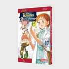 "Four Knights of the Apocalypse" in kunstvoller Schrift. Drei Manga-Charaktere mit dynamischen Posen und ausdrucksstarken Gesichtern.