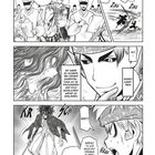 Mehrere Manga-Charaktere in Kampfszenen und Dialogen. Ein Reiter, Soldaten mit Texten über Kampf und Technik.