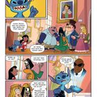 "Deshalb hat der Vampir nicht Hallo gesagt!" "Komm, Stitch, lass uns schauen, was Jamba und Plikliii machen!" "Ich immer noch keine Ähnlichkeit sehe!" "Gefällt es dir hier?" "Und wie! Toller Vorschlag, Lilo!" "Stitch glaubt, die Pause ist vorbei." 

Eine bunte Comic-Illustration mit den Figuren Stitch und Lilo in einem Museum.