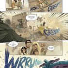 Comic mit Erdbeben: Zwei Kinder und Erwachsene reagieren überrascht, Explosion, Geräusch „Wrrruu“. Kreatur erscheint.