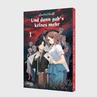 „Und dann gab's keines mehr“, Band 1. Zwei junge Leute mit Umschlägen, umgeben von älteren Personen vor einem düsteren Himmel.