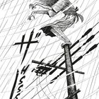 „HSSS“. Eine Frau mit langen Haaren auf einem Strommast, umgeben von Regen und Stromleitungen.