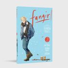 Auf hellblauem Hintergrund steht "fangirl". Ein junger Mann in blauer Jacke, mit Schneeflocken und Blättern um ihn herum.