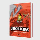 "Pascal Jousselin UNSCHLAGBAR 1. Gerechtigkeit und frisches Gemüse." Ein Comic-Cover mit einem großen Roboterarm und Leuten, die wegrennen. Ein Mann mit Einkäufen steht ruhig im Vordergrund.