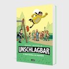 Buchtitel: "UNSCHLAGBAR 2. Mein Nachbar, der Superheld" von Pascal Jousselin. Superheld fliegt über Spielplatz.