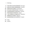 Überschrift "INHALT" mit Kapiteln wie "TOD EINES LEICHTGLÄUBIGEN / Norwegen", Seitenzahlen davor. Unten "Dank" und "Quellen".