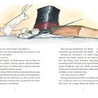 Illustration: Ein Hase, ein Zylinder, eine Brille, ein Zauberstab und ein Buch auf einem Tisch.