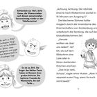 Zwei Cartoon-Charaktere in Sprechblasen unterhalten sich über Saisonbeginn und Drachenflug. Ein Junge zeigt nach vorne.