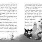 Text über zwei Seiten verteilt. Skizzenartige Illustrationen: Eine Raupe oben links und unten, rechts Skelette und ein Mädchen.