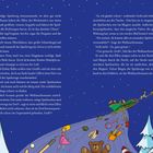 Text über Spielzeuge, Elfen und den Weihnachtsmann. Darunter bunte Illustrationen mit Spielzeugen, einem Schlitten und Tannen.