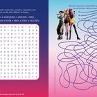 Suchrätsel mit Wörtern: HONMOON, KRIEGERIN, JÄGERIN. Daneben ein Labyrinth mit drei Figuren und Linien zur Weltturnee.