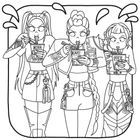 Drei Figuren namens Mira, Rumit und Zoey essen Nudelgerichte aus Bechern, mit entschiedenem Ausdruck. Es ist eine Illustration.