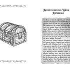 Oben: "Araminta oder das Wrack der Amphidrake". Darunter ein Text über den Geschmack der Mutter für Liebesromane. Links: Eine Illustration einer Schatztruhe.
