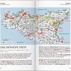 TOUREN DIE HÖHEPUNKTE. Karte von Sizilien mit markierten Routen. Tourbeginn in Palermo, Ziel Messina, Länge ca. 1050 km.