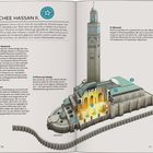 Titel: Moschee Hassan II. Beschreibung des riesigen Bauwerks mit Minarett und Gebetsraum. Illustration der Moschee mit Details.