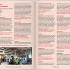 "Wohin zum ... Essen und Trinken?" Liste von Cafés und Bars mit Preisen und Adressen. Unten Foto einer belebten Bar.