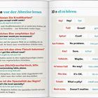 Zwei Seiten eines Sprachführers mit wichtigen Sätzen vor der Abreise und häufig gehörten Ausdrücken, jeweils Deutsch und Englisch.