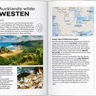 **Aucklands wilder WESTEN**: Strände, Vögel, Wandern werden beschrieben. Links Strandfoto mit Klippen, rechts Karte von Auckland.