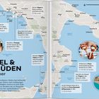 Auf blauem Hintergrund eine Karte Süditaliens mit Markierungen. Drei runde Fotos zeigen Ruinen, Eis und einen Strand.