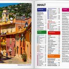 Inhalt: Reiseplanung, Reiseziele, Praktisches, Touren. Links bunte Häuser mit Turm, grüne Fensterläden, Personen spazieren.