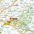 Eine Karte zeigt Orte wie Assisi, Perugia und Spoleto in einer bergigen Region mit Seen und Straßen. 