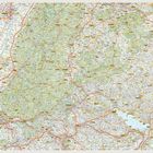 Straßennamen und Ortsschilder dicht aneinander. Kartenlegende links listet Symbole und Bedeutungen auf.