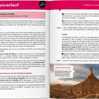 Tourenverlauf, Pamplona, Olite, Tudela, Parque Natural de las Bardenas Reales. Übernachtungsplätze und Wege beschrieben. Links oben roter Header mit "Start & Spot". Rechts unten Bild einer kargen Landschaft.