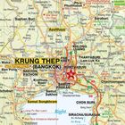 Karte von Bangkok: "KRUNG THEP" fett gedruckt, darunter "BANGKOK". Umliegende Orte sind Ayutthaya, Nonthaburi, Samut Prakan.