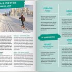 **KLIMA & WETTER DURCHS JAHR:** Illustration. Links Skilangläufer im Schnee. Rechts Infos zu den Jahreszeiten Frühling, Sommer, Herbst, Winter.