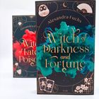 „Witch of Darkness and Fortune“ und „Witch of Fate and Poison“ Cover mit mystischen Symbolen, Wolken in Blau und Rot.