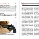 Seite links: Inhaltsverzeichnis mit Themen wie Wettkämpfe und Jagd. Seite rechts: Vorwort über leistungsstarke Patronen. Unten ist ein Revolver in Ton.